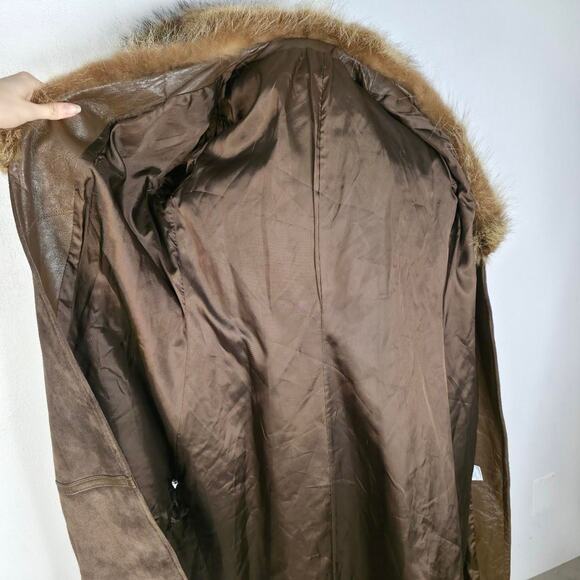 70s Real Fur Collar Suede Trench Coat Vintage Brown Long Boho Penny Lane Belt - Picture 8 of 8